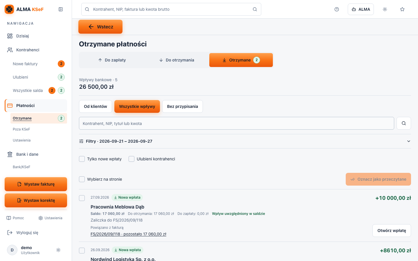 Otrzymane wpłaty: wpływy z banku przypisane do klienta i faktury, nowe wpłaty oznaczone